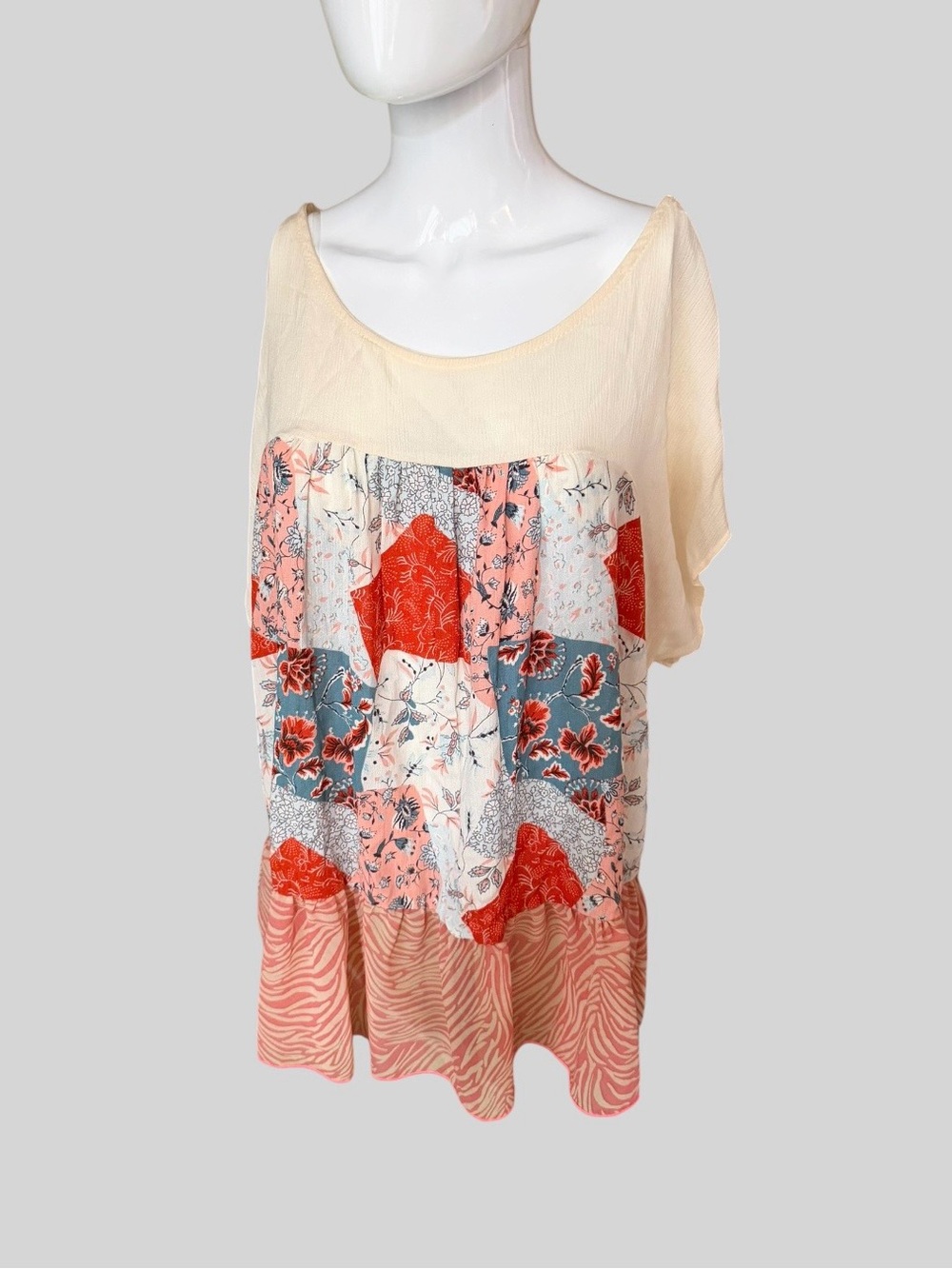 Cream Patchwork Floral Tunic with Coral & Blue Accents